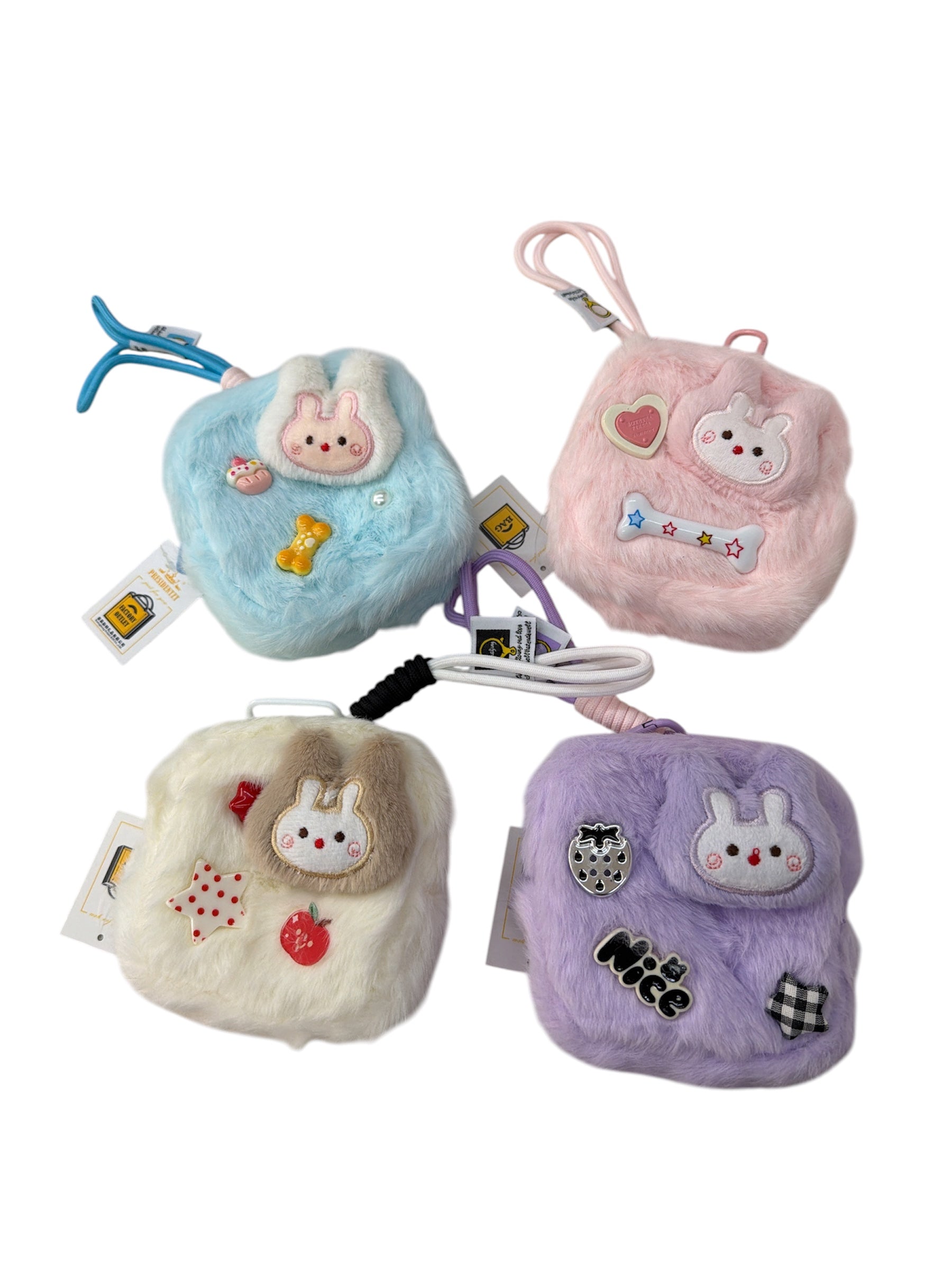 Pochette carrée en peluche lapin mignon, mini sac porte‑clefs(x12)