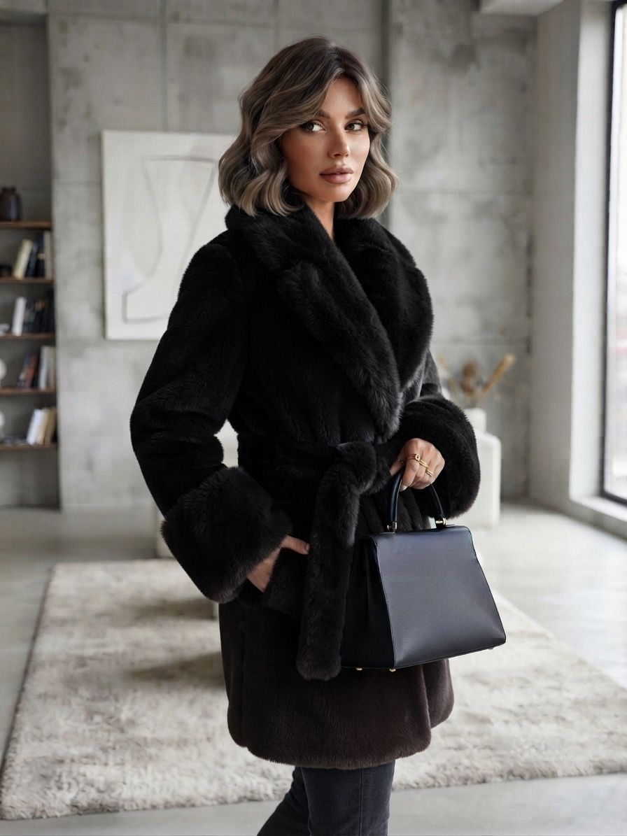 Manteau Ceinturé Fausse Fourrure Et Suédine(x3)