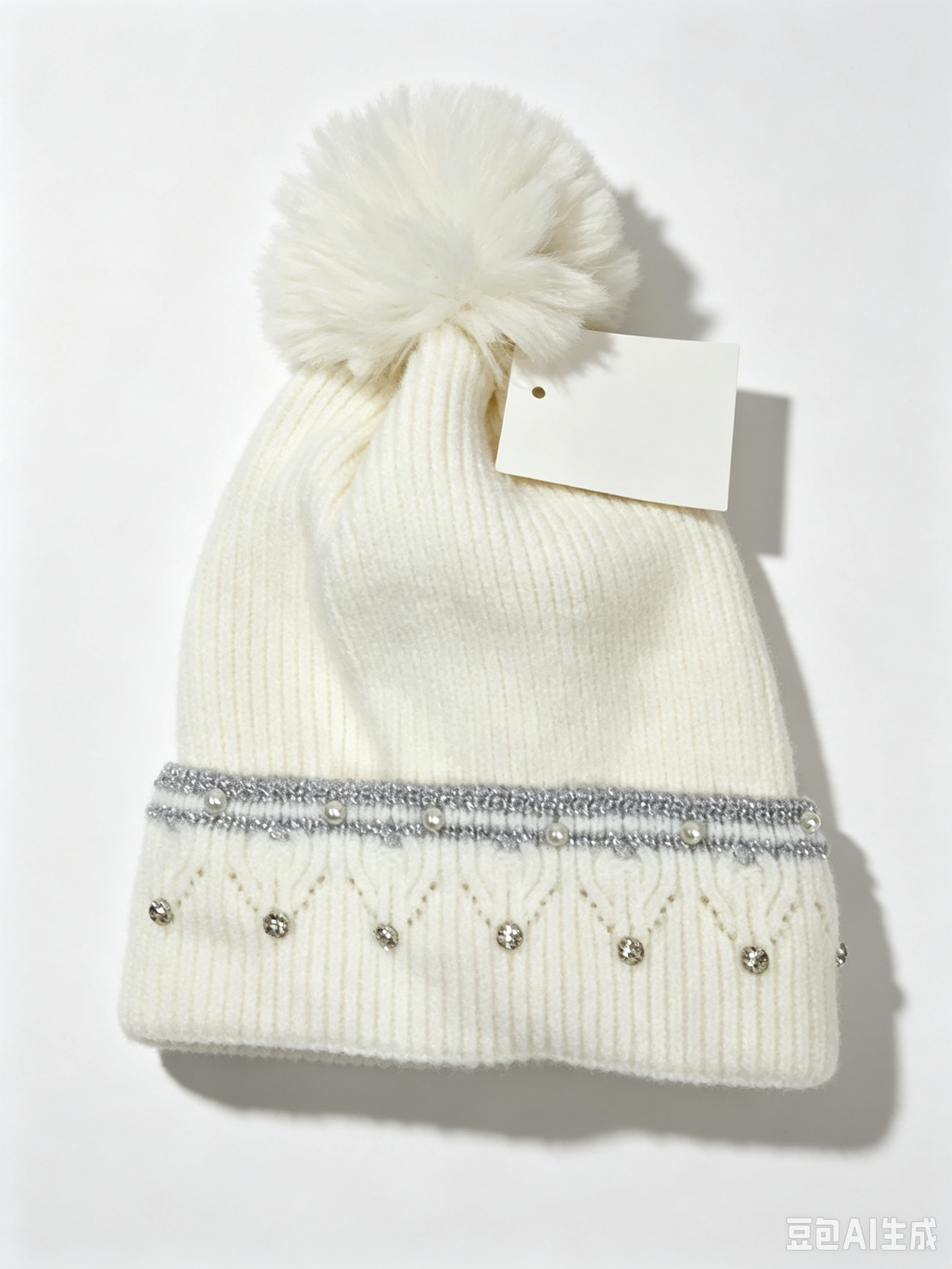 Bonnet en tricot doux avec pompon et strass(x12)