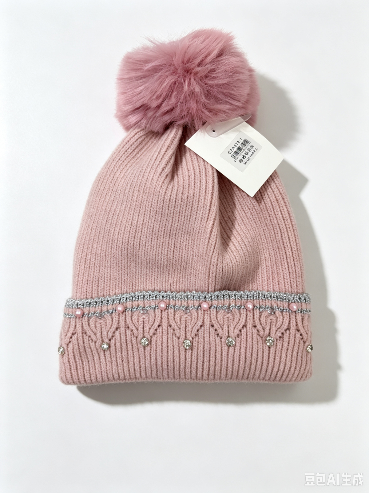 Bonnet en tricot doux avec pompon et strass(x12)