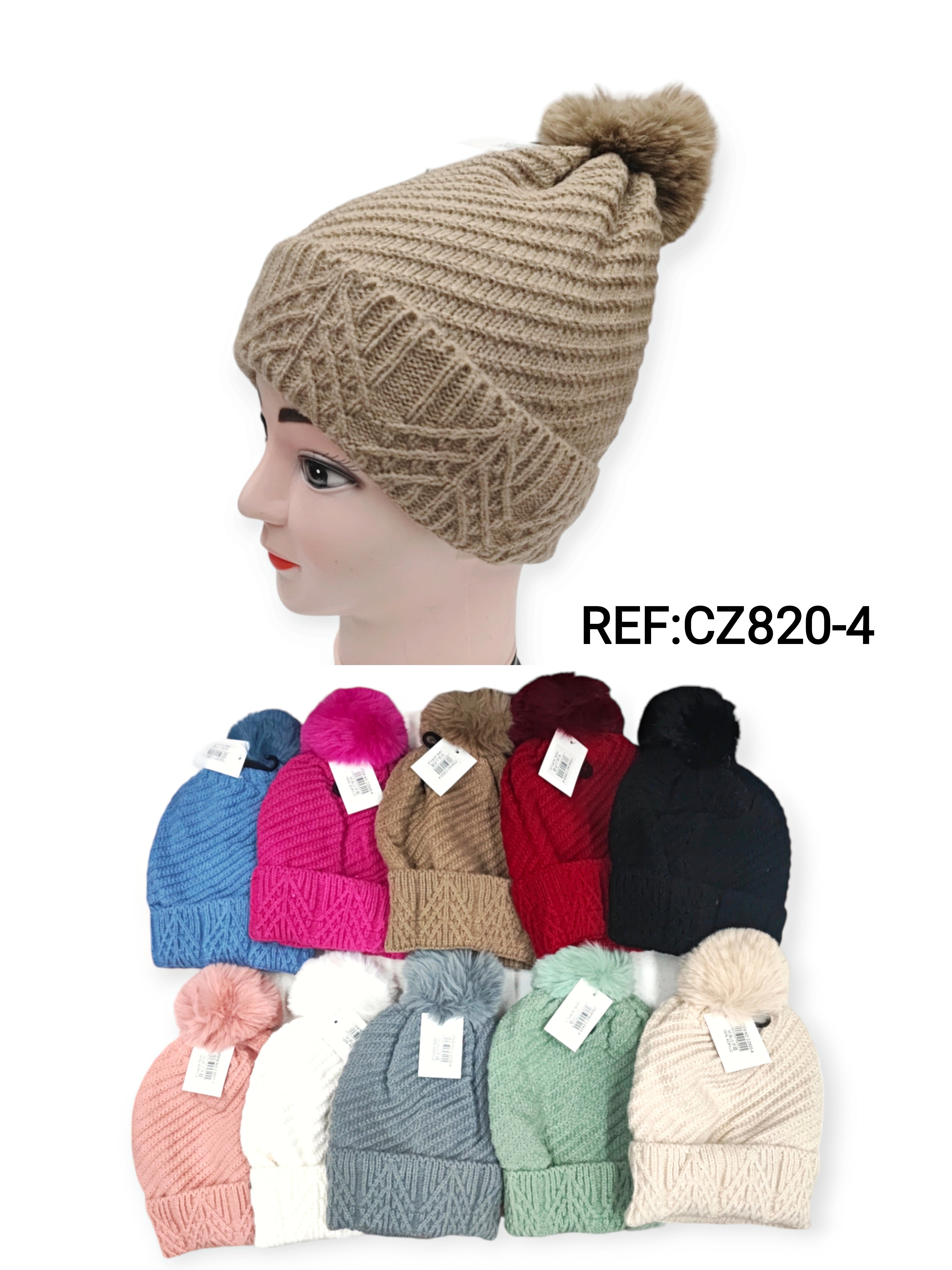 Bonnet Femme fourré pompon (x12) #-4