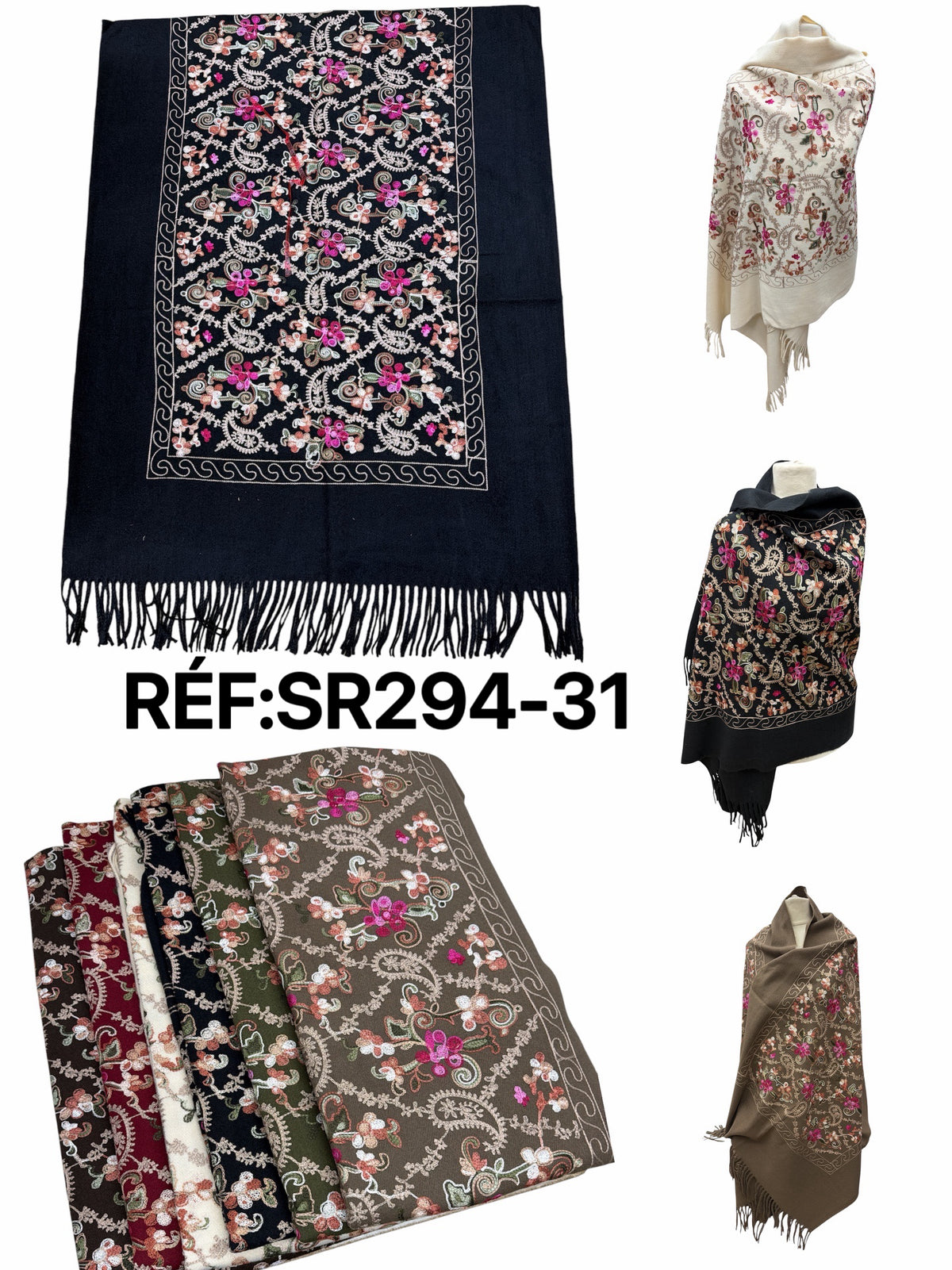Grande écharpe‑châle à broderies florales colorées. (X10)