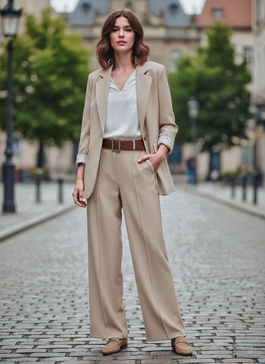 Un Tailleur-Pantalon Coupe Large.
Blazer Avec Un Bouton Doré Et Pantalon Avec Ceinture. La Doublure À Rayures (x4)