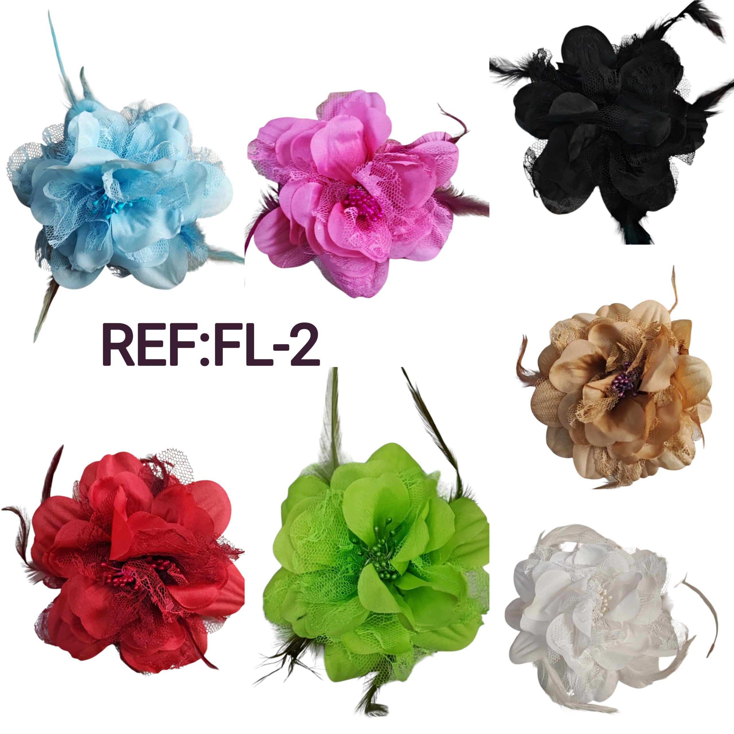 Barrette fleur avec plumes – épingle de corsage + élastique + pince (x12)#2