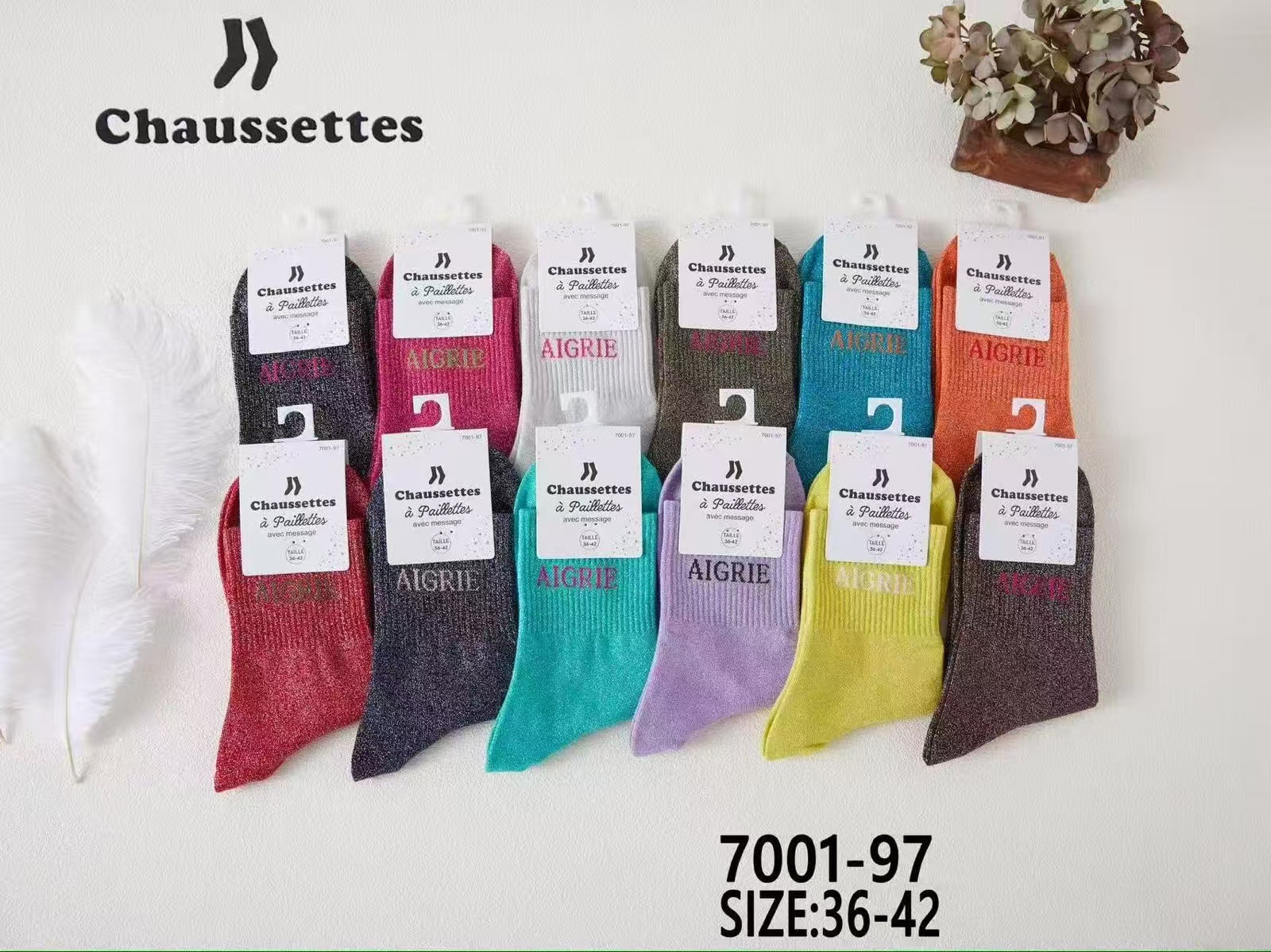 chaussette paillettes avec message(×12)7001