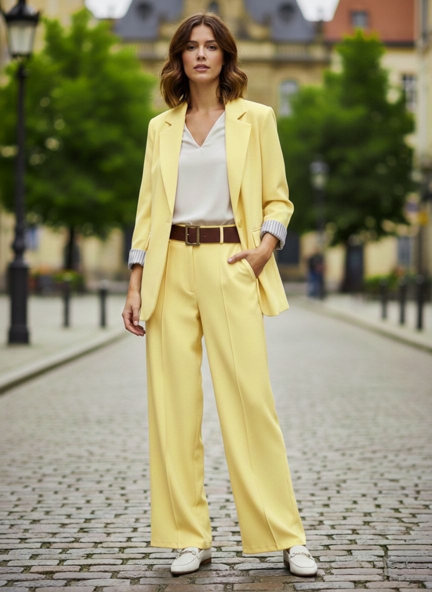 Un Tailleur-Pantalon Coupe Large.
Blazer Avec Un Bouton Doré Et Pantalon Avec Ceinture. La Doublure À Rayures (x4)