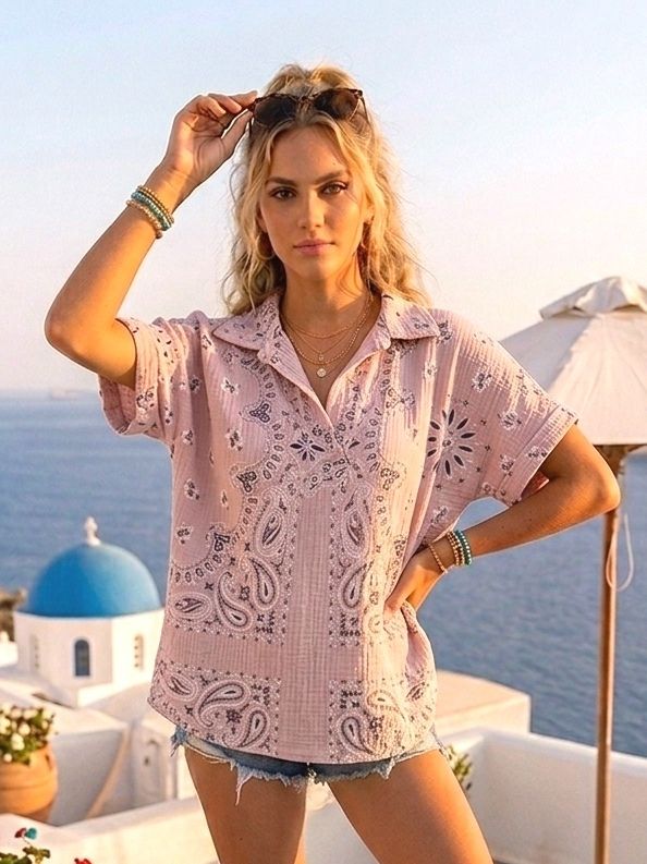 Chemisier Ample En Gaze de Coton, à manches courtes, Avec un Imprimé Cachemire(x8)