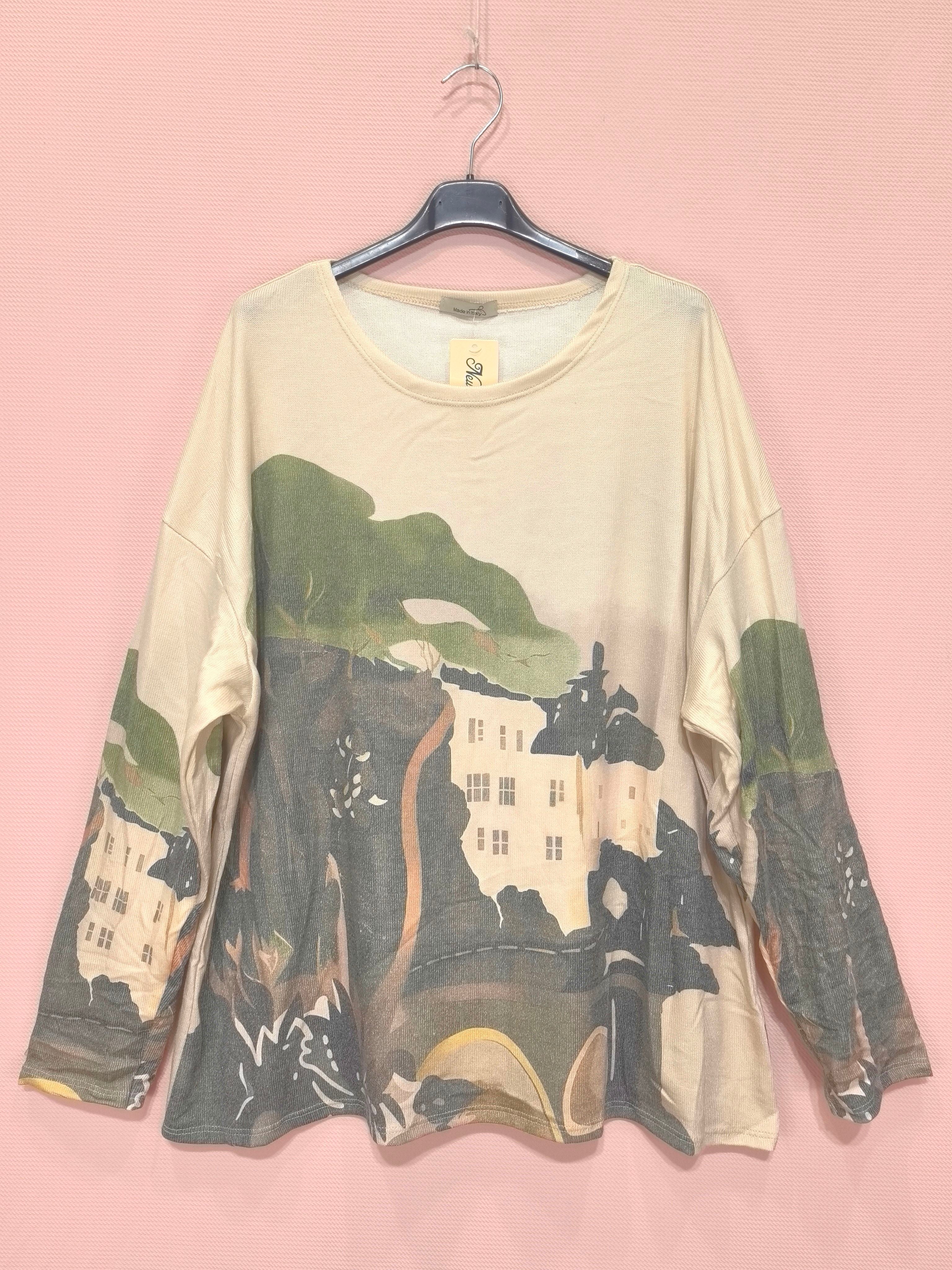 Pull léger à imprimé artistique – coupe ample, col rond (x6)