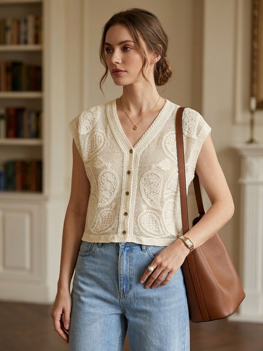 Gilet sans manches en maille crochetée à motifs cachemire(x6)