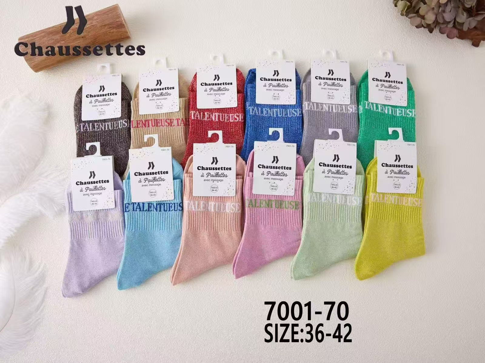 chaussette paillettes avec message(×12)7001