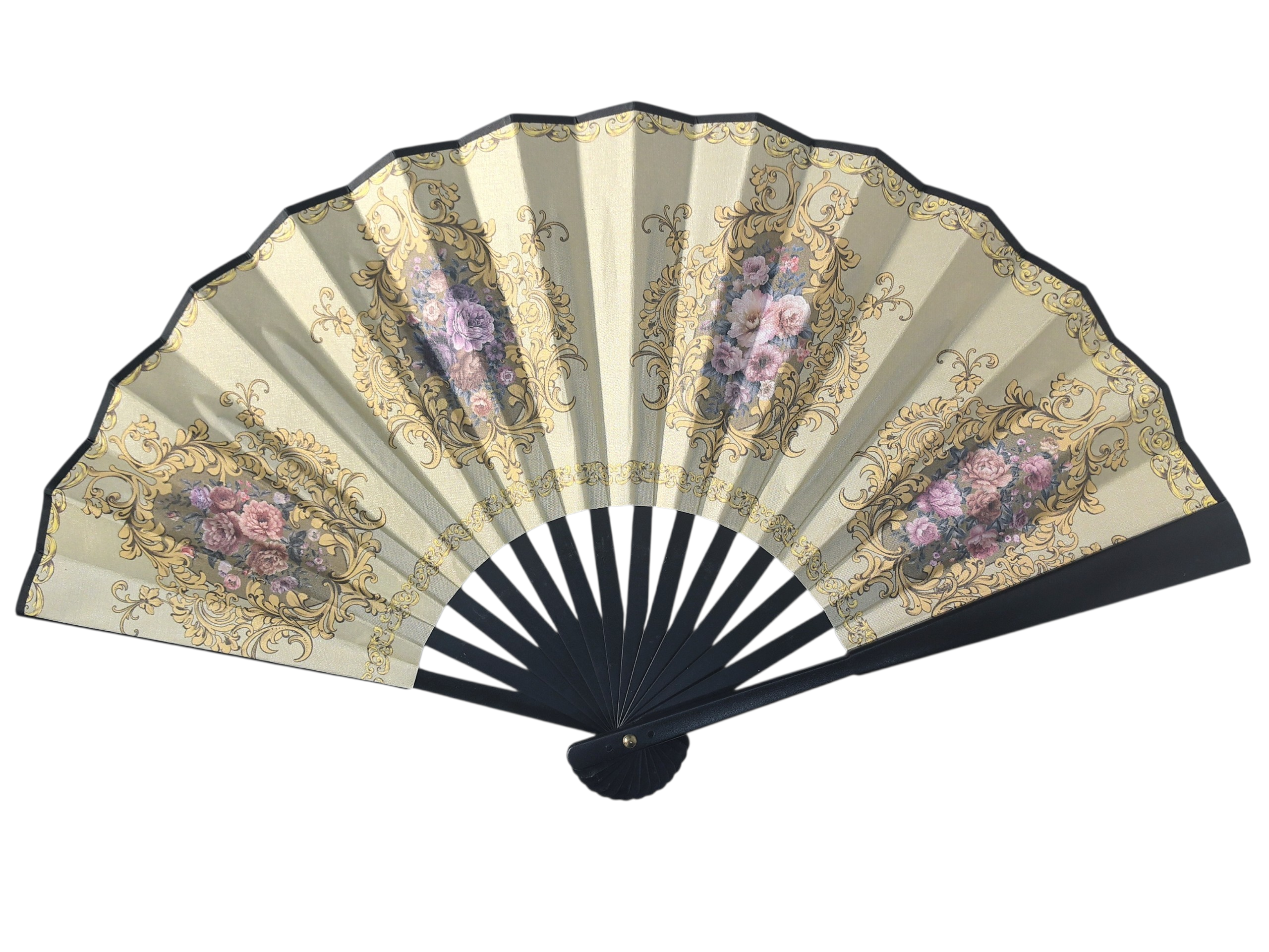 Éventail Pliant Style Baroque Français - Motifs Floraux Dorés (x12)#28