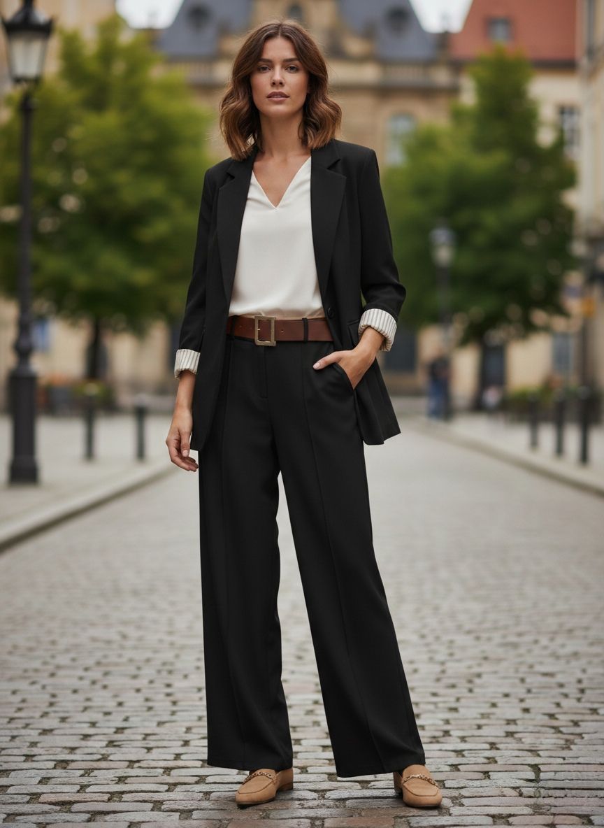 Un Tailleur-Pantalon Coupe Large.
Blazer Avec Un Bouton Doré Et Pantalon Avec Ceinture. La Doublure À Rayures (x4)