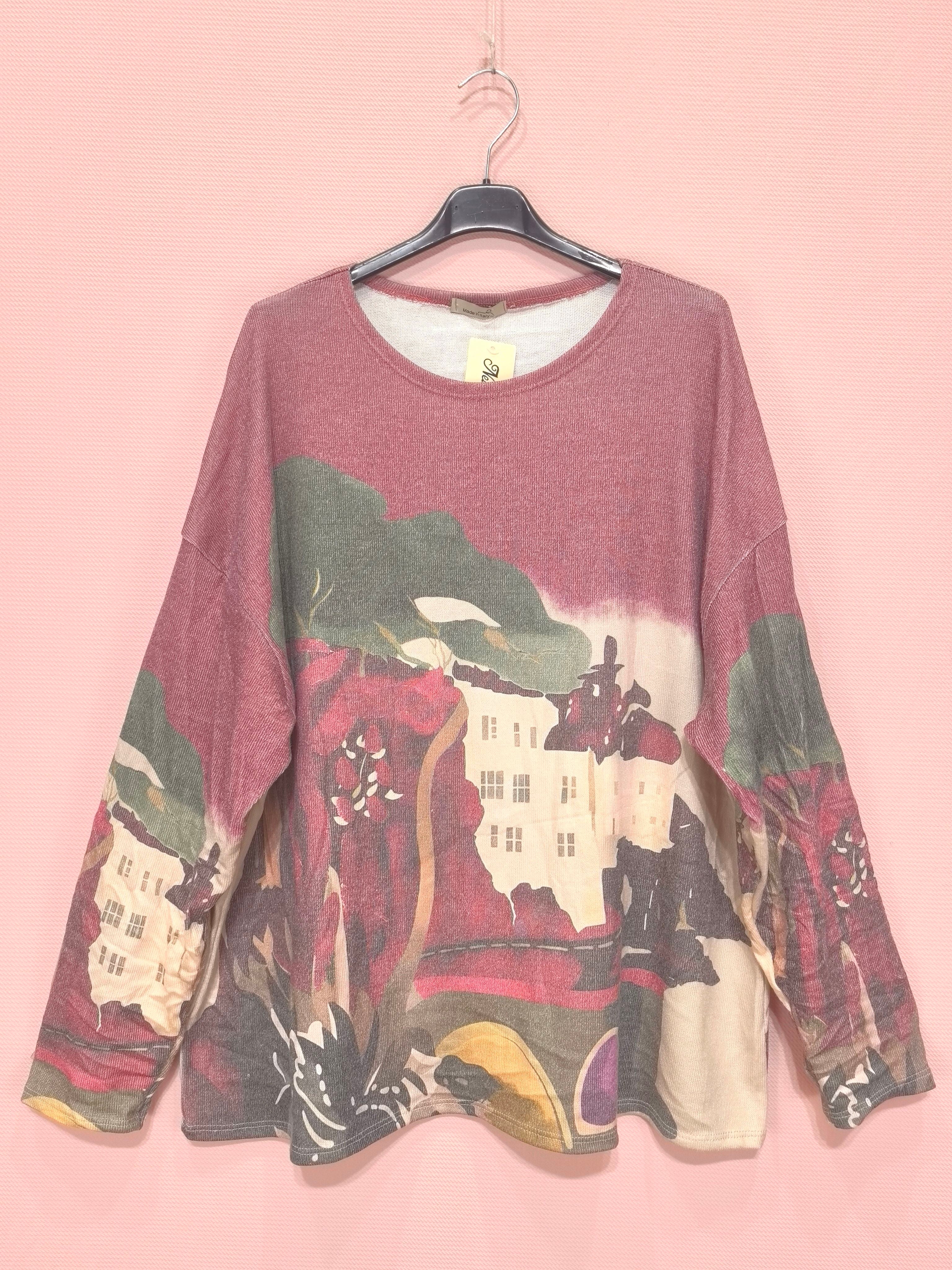 Pull léger à imprimé artistique – coupe ample, col rond (x6)