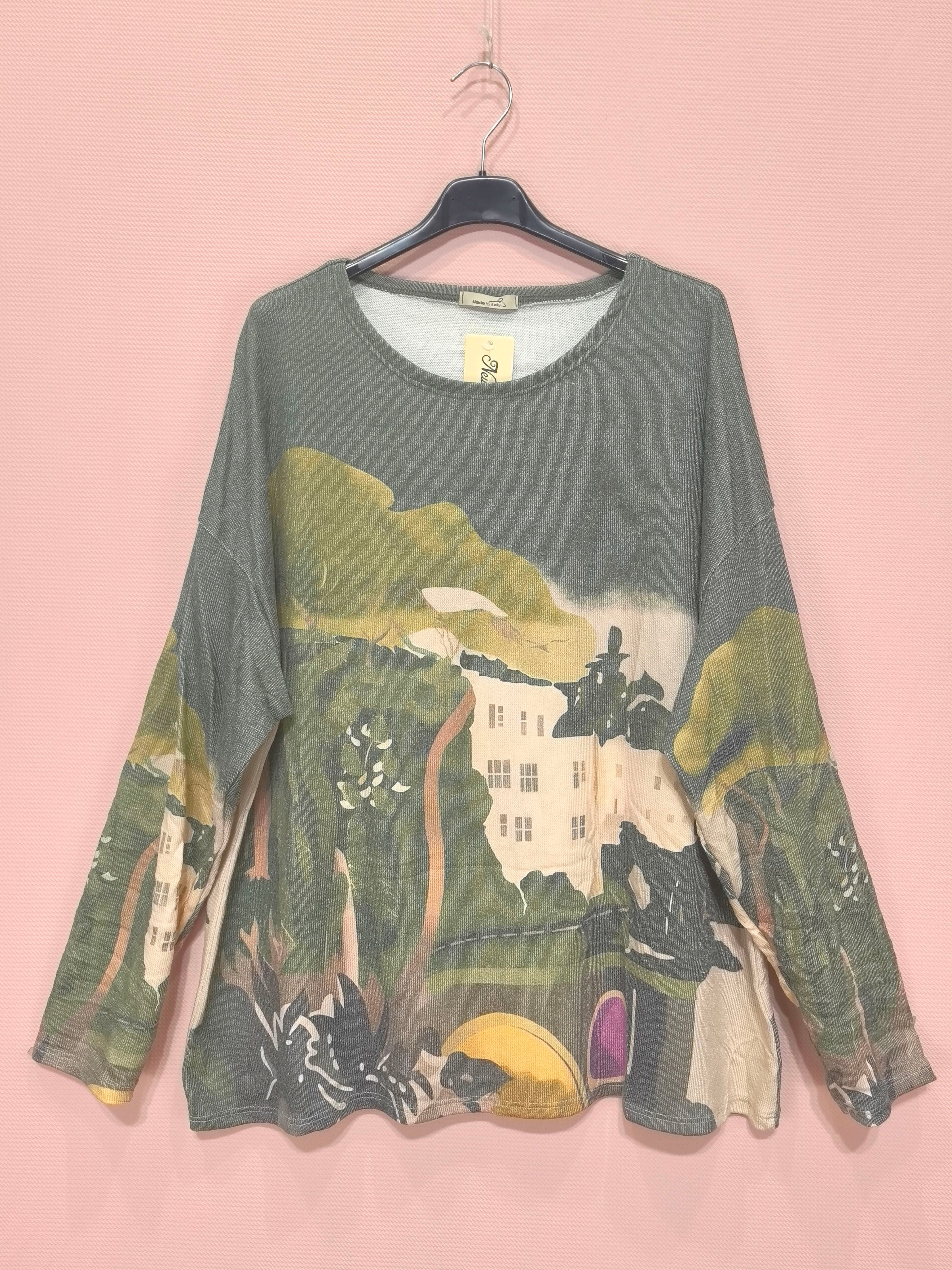 Pull léger à imprimé artistique – coupe ample, col rond (x6)