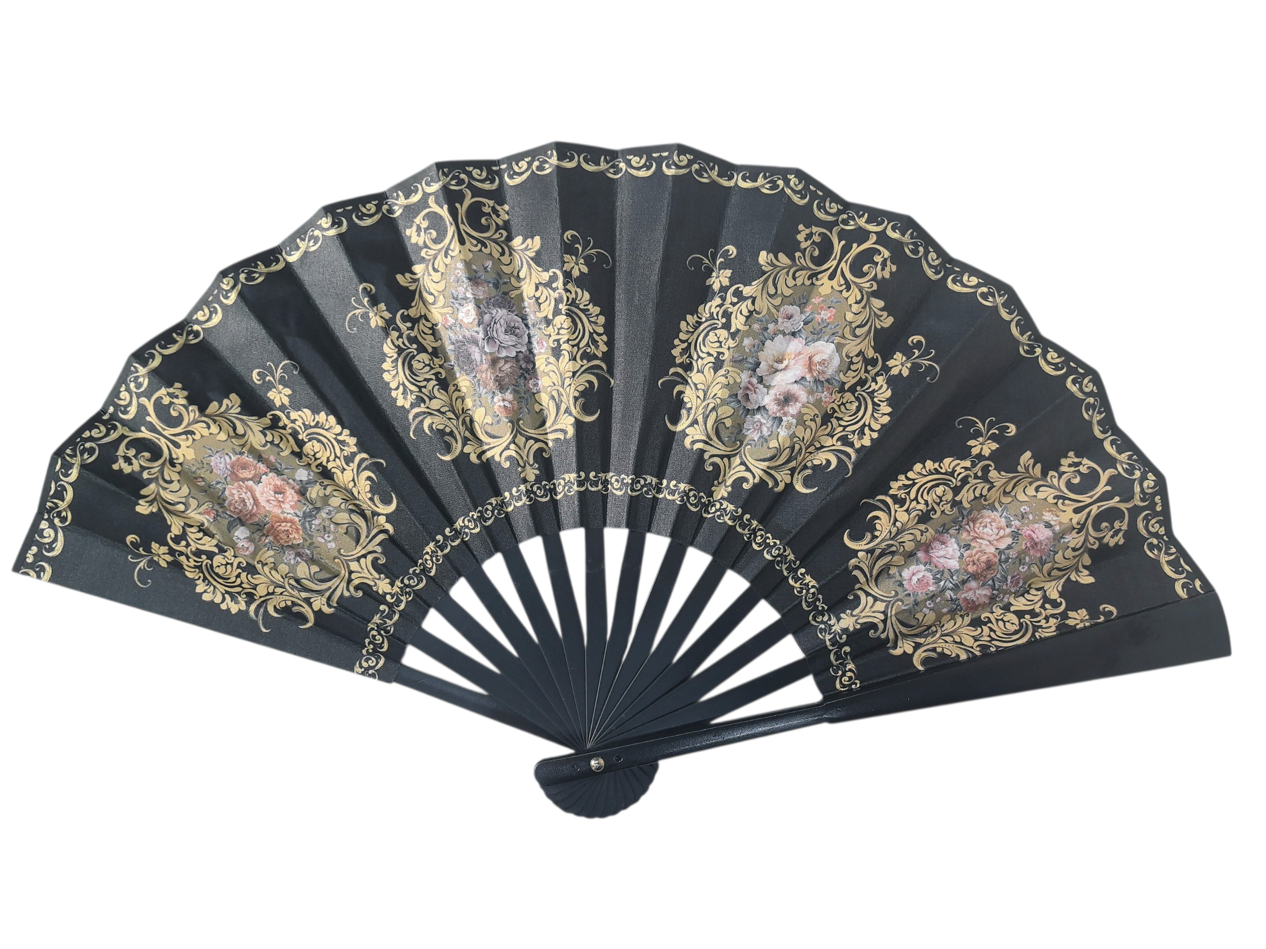 Éventail Pliant Style Baroque Français - Motifs Floraux Dorés (x12)#28