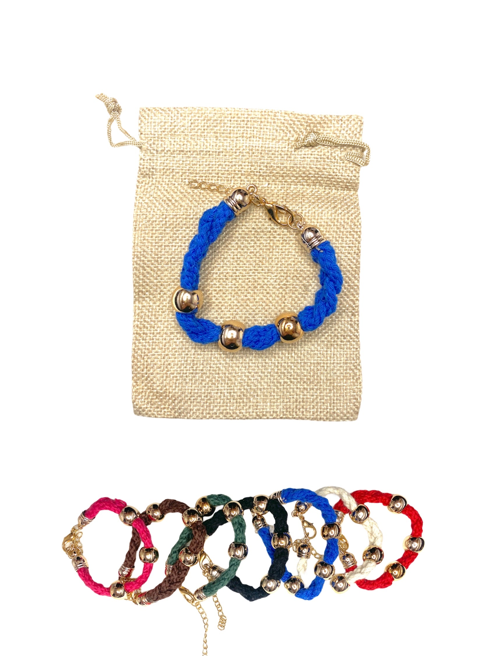 Bracelet tissu tresse boule couleurs mélangées (x12)