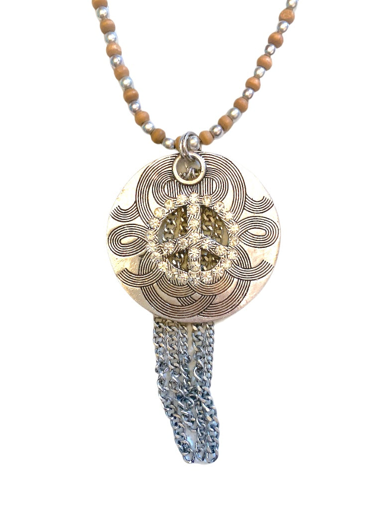 Collier sautoir fantaisie Peace marron