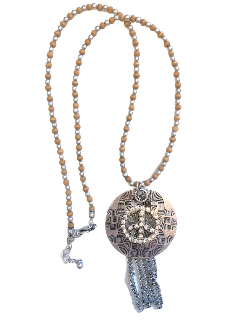 Collier sautoir fantaisie Peace marron
