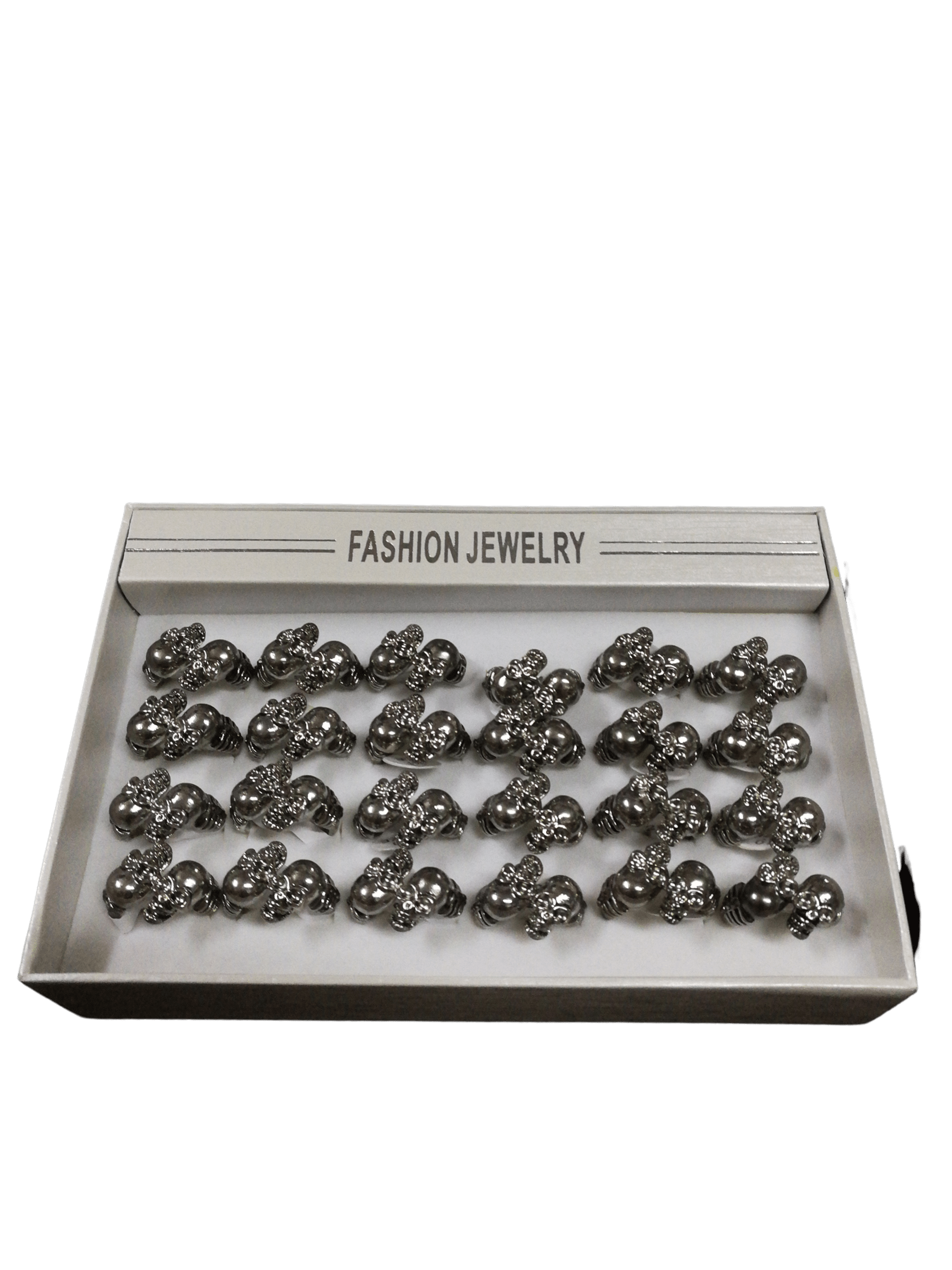 Boîte bagues homme acier inox double tête de mort (x24)    1,50€/unité | Grossiste-pro