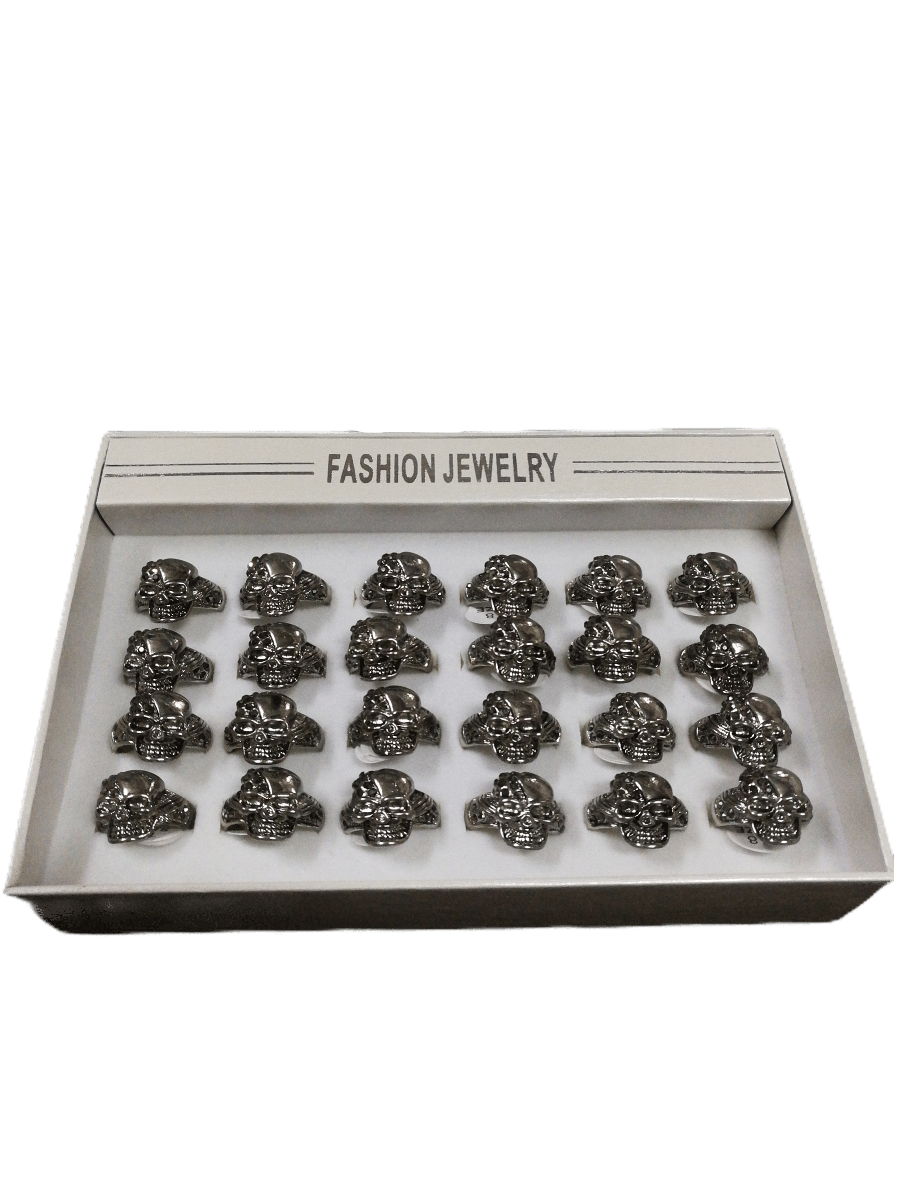 Boîte bagues homme acier inox tête de mort strass (x24) 1,50€/unité | Grossiste-pro