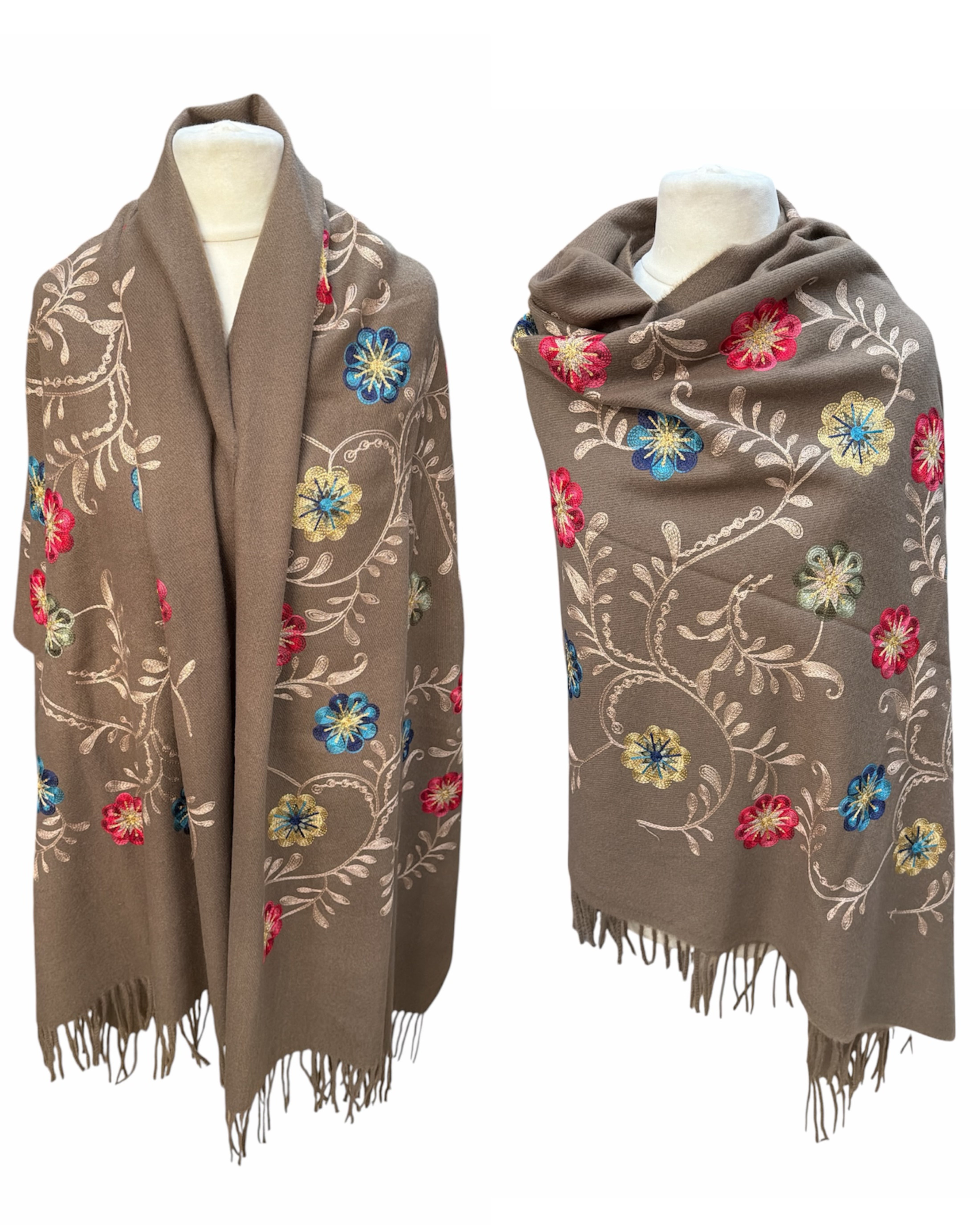 Grande écharpe‑châle à broderies florales colorées. (X8)