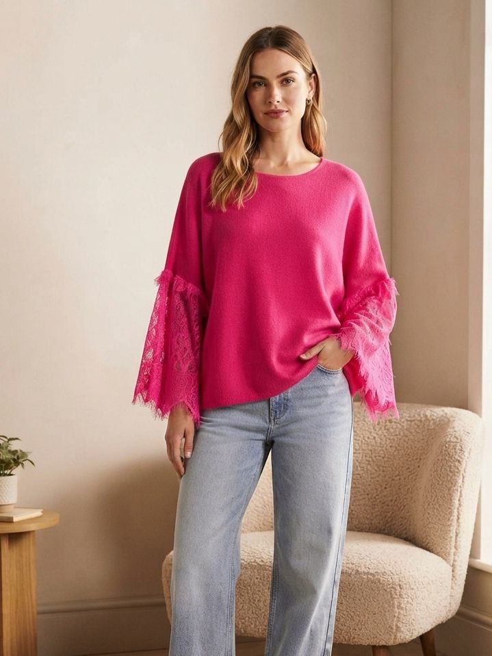 Pull loose à manches chauve-souris et empiècement en dentelle（x6)
