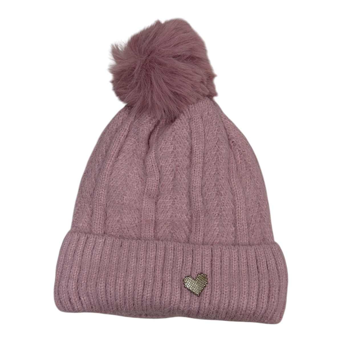 Bonnet tricot torsadé avec pompon et petit cœur (x12)#4