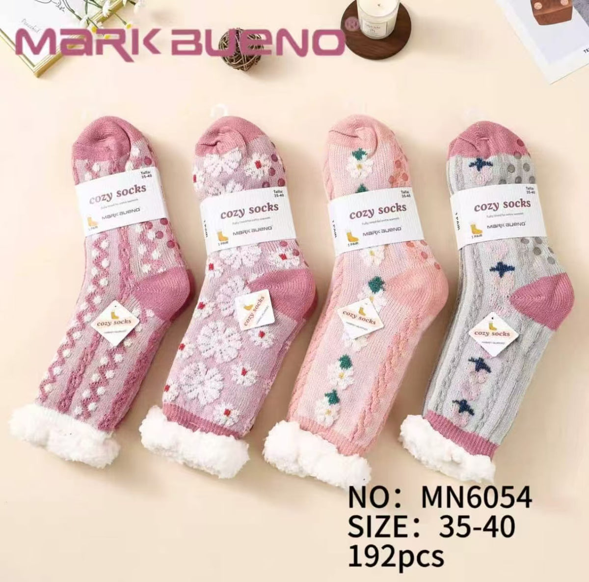 Chaussettes pantoufles femme doublées fourrure(x12)#6054