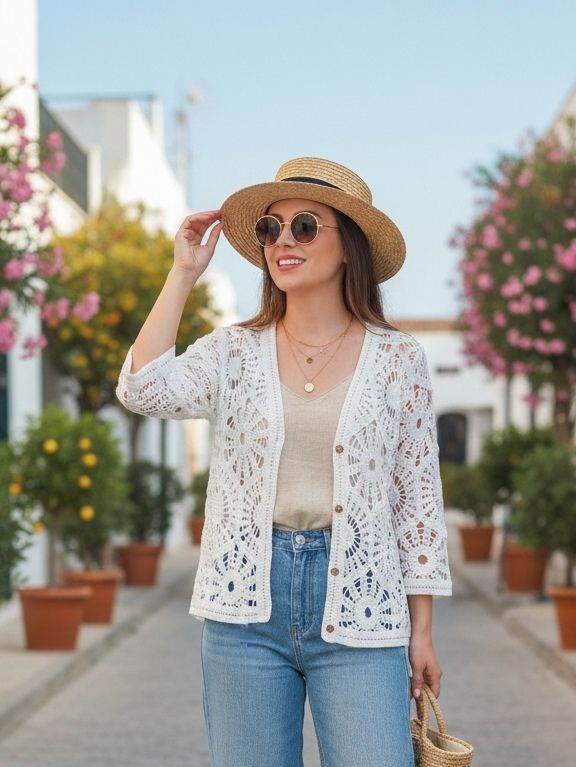 Gilet en crochet ajouré à motifs floraux(x6)