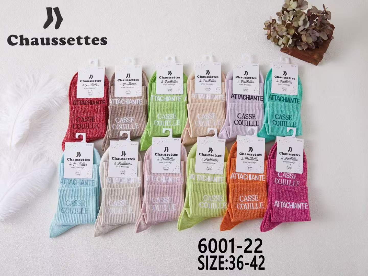chaussette paillettes avec message(×12)6001