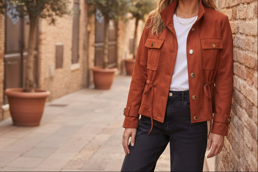 Veste courte en suédine avec poches à rabat(x6)