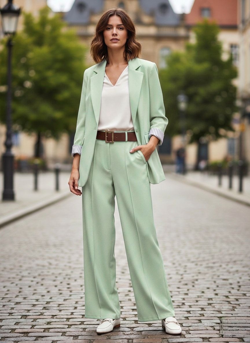 Un Tailleur-Pantalon Coupe Large. 
Blazer Avec Un Bouton Doré Et Pantalon Avec Ceinture. La Doublure À Rayures (x4)
