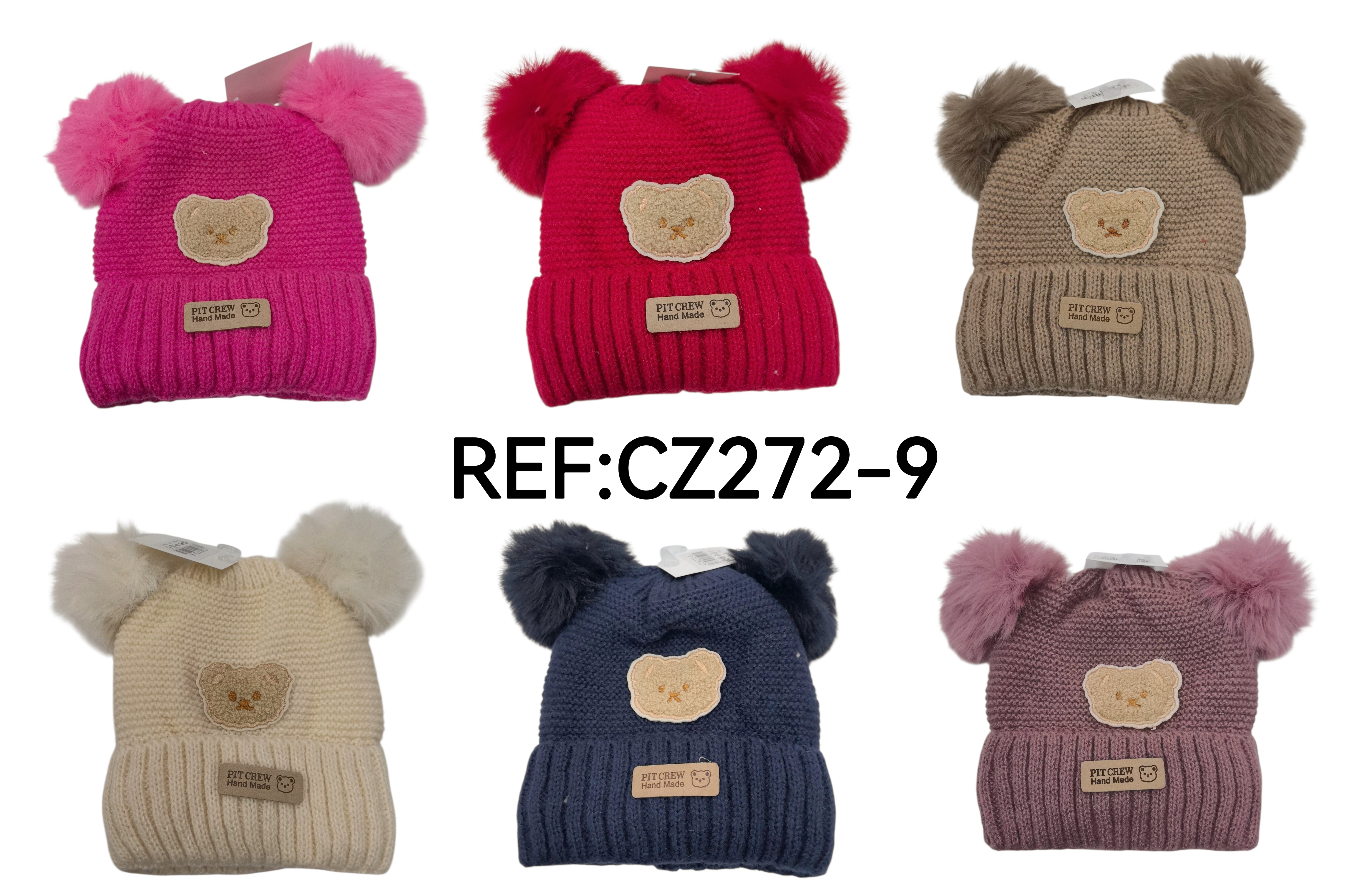 Bonnet double pompon motif ours  (x12)