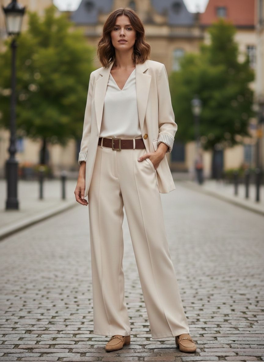 Un Tailleur-Pantalon Coupe Large. 
Blazer Avec Un Bouton Doré Et Pantalon Avec Ceinture. La Doublure À Rayures (x4)