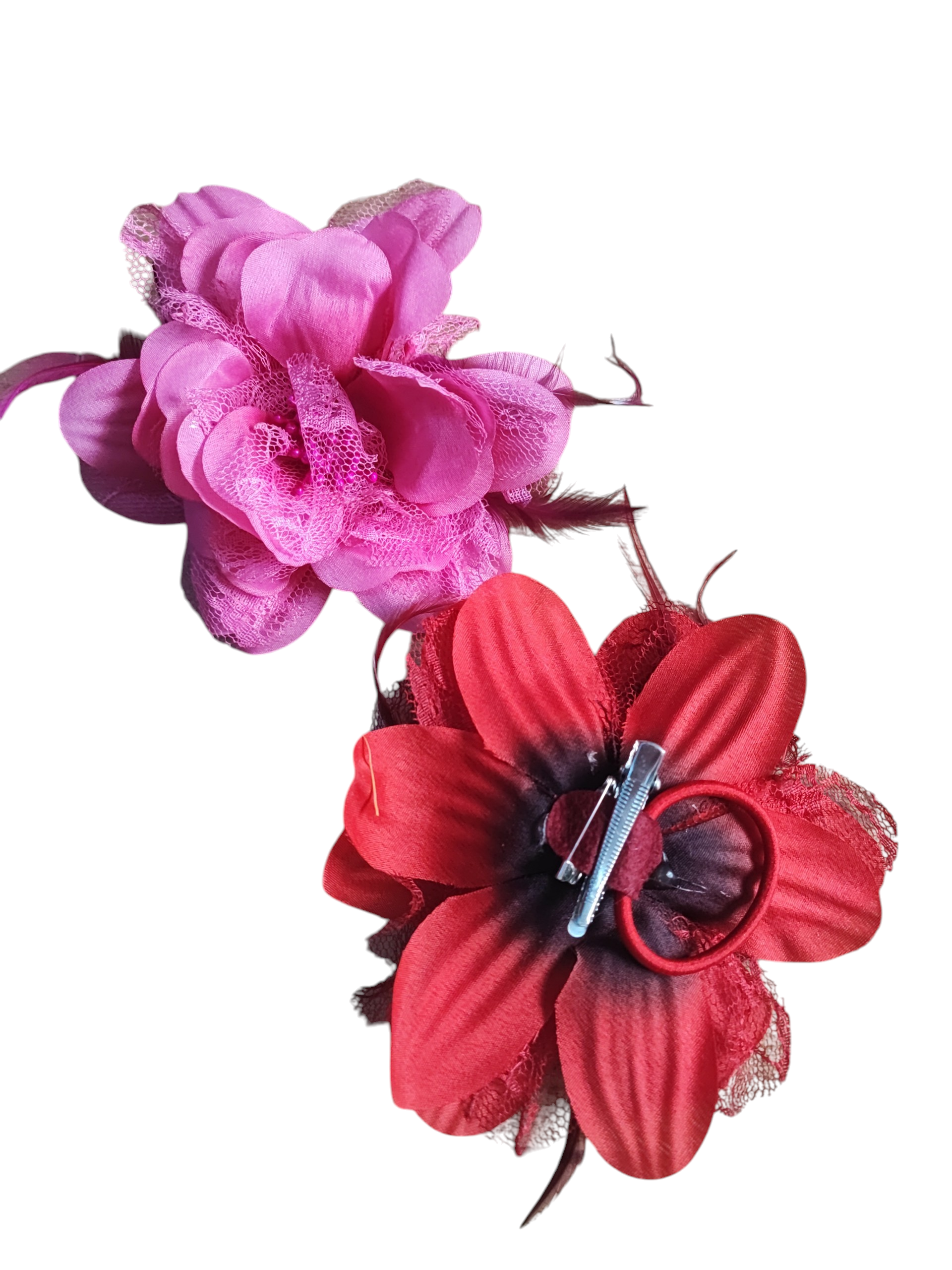 Barrette fleur avec plumes – épingle de corsage + élastique + pince (x12)#2