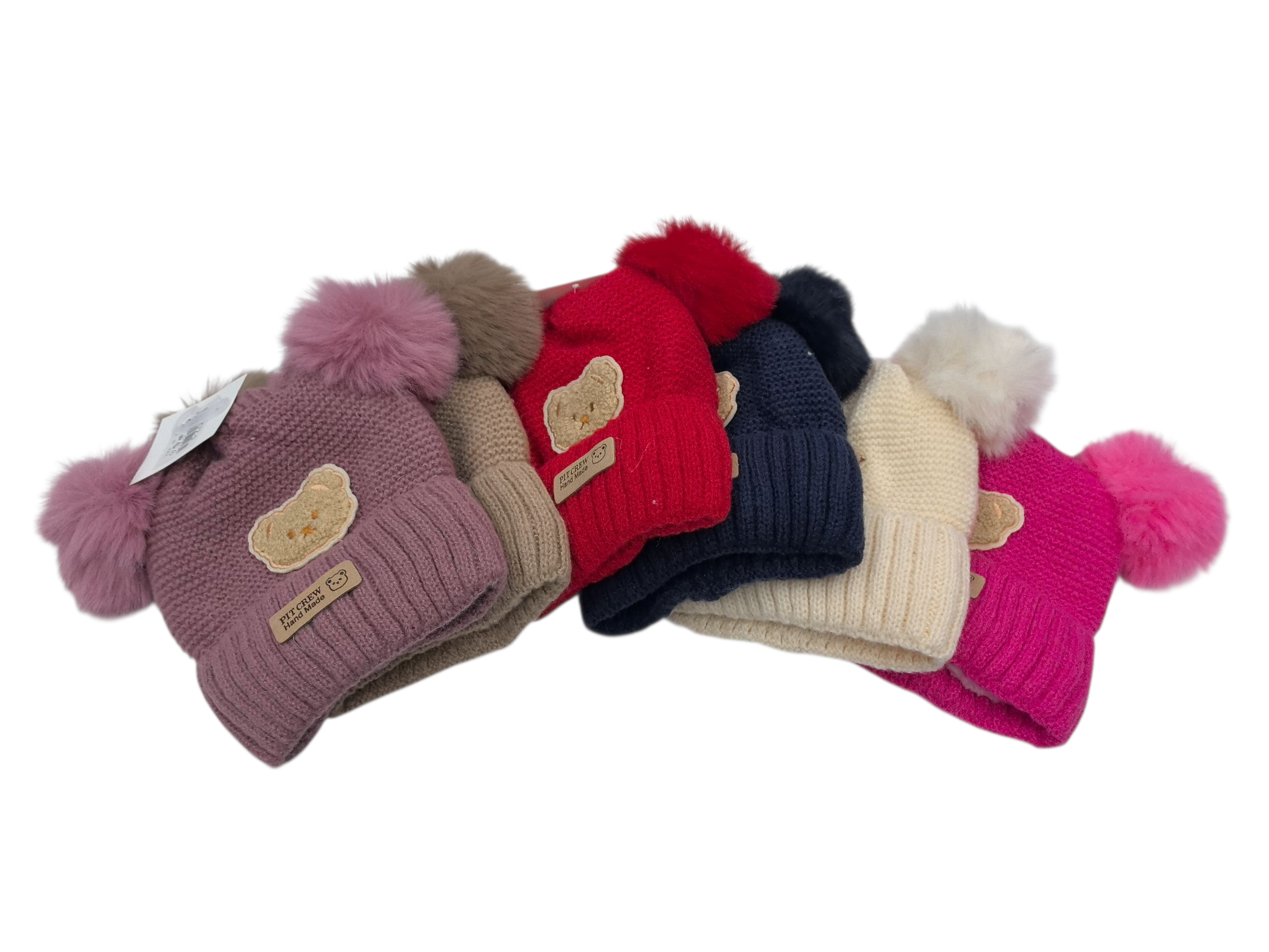 Bonnet double pompon motif ours  (x12)