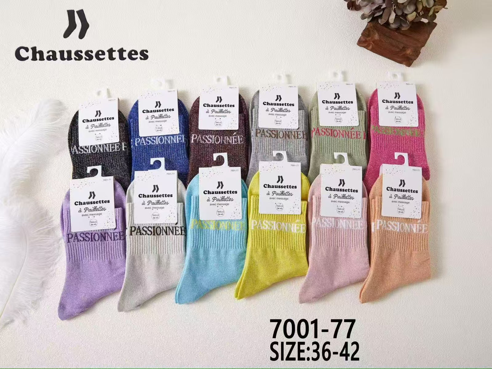 chaussette paillettes avec message(×12)7001