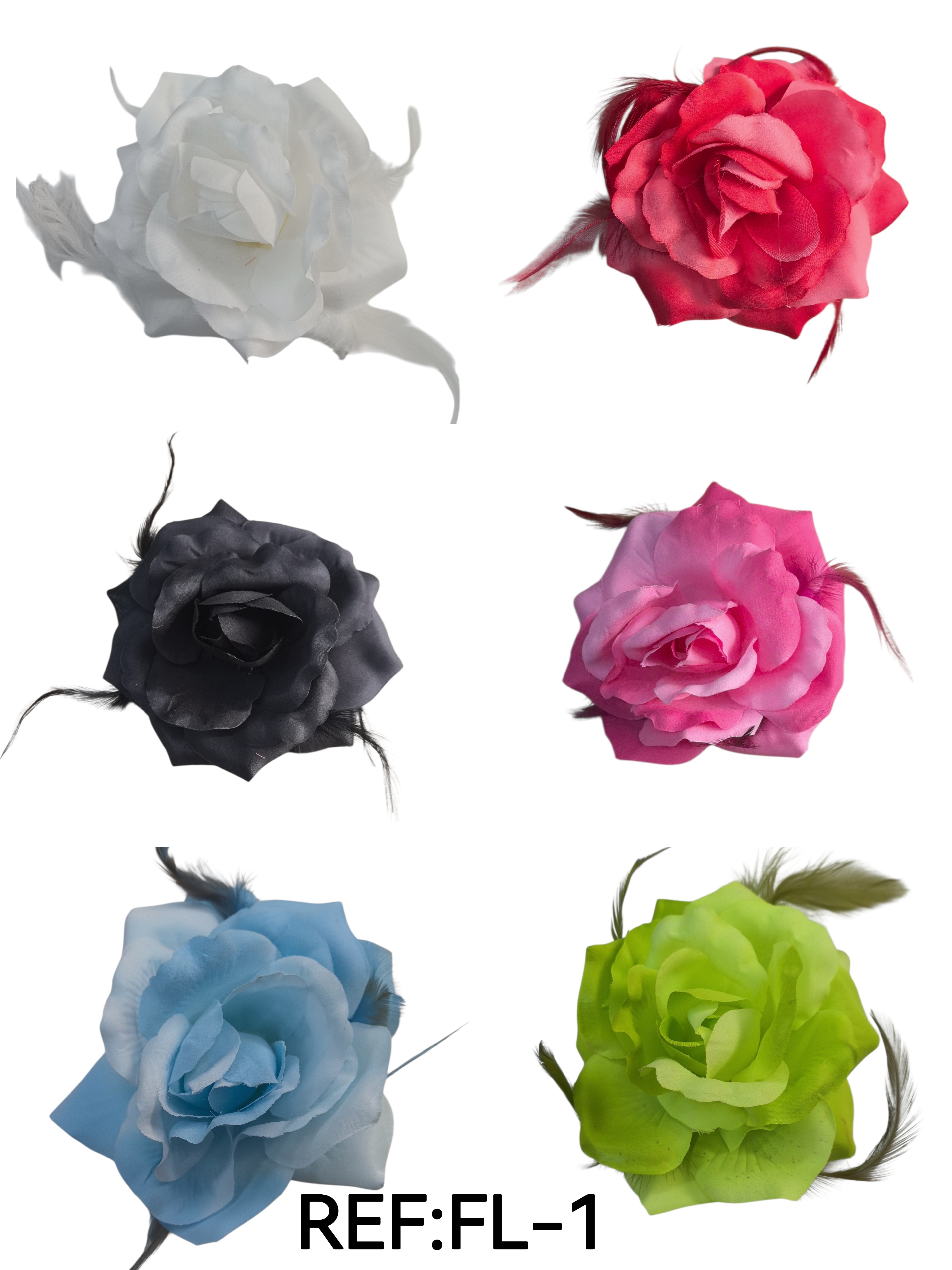 Barrette fleur avec plumes – épingle de corsage + élastique + pince (x12)